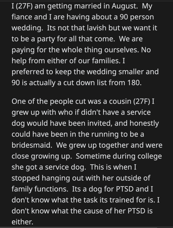 OP finally came clean and admitted that she didn't want any dogs at her wedding.