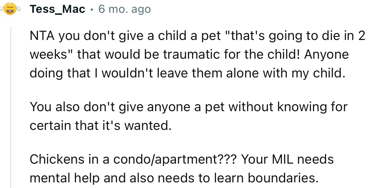 “Chickens in a condo/apartment??? Your MIL needs mental help and also needs to learn boundaries.”