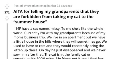 Redditor Enforces Ban On Grandparents After Losing Her Cat And Showing No Remorse