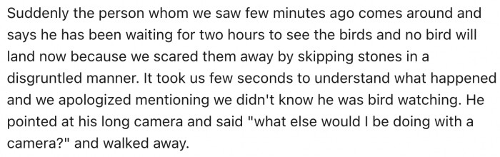 They kept scaring the birds away.