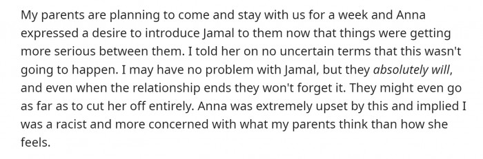 The OP said his parents were planning a trip to visit the family, and Anna was excited to introduce Jamal to her grandparents. But the Redditor forbid his daughter from doing so.