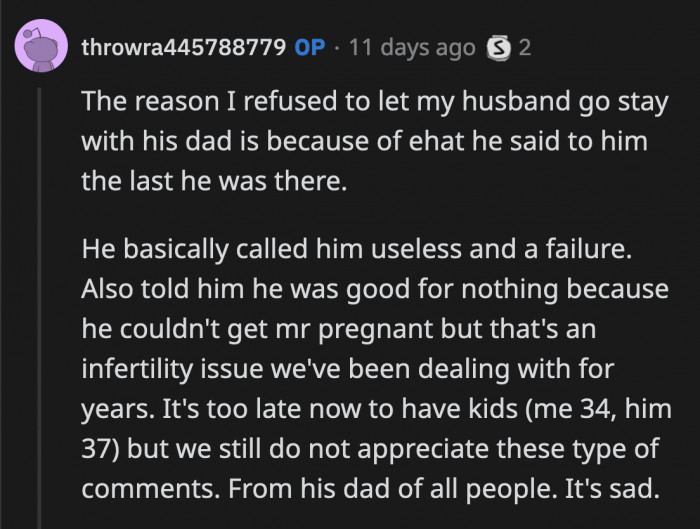 Her husband's dad sounds like a peach. Maybe OP should introduce him to her brother and his family.