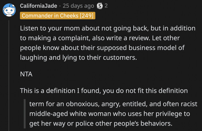 OP should definitely write a well-composed review to detail her experience to inform other pet owners