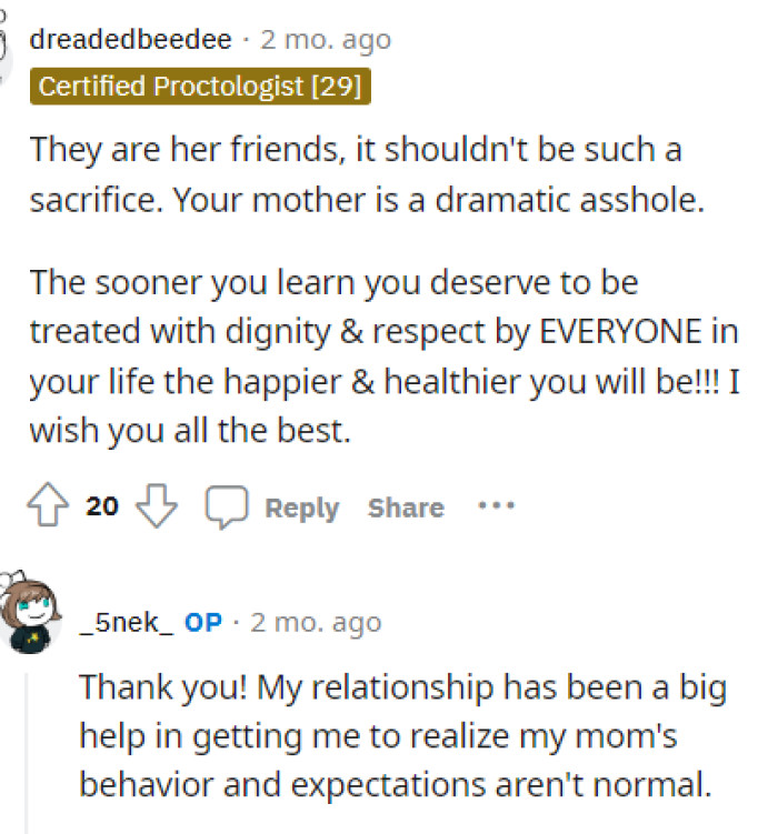 It shouldn't really be an issue, but we're glad that OP is recognizing their mom's behavior for what it is.