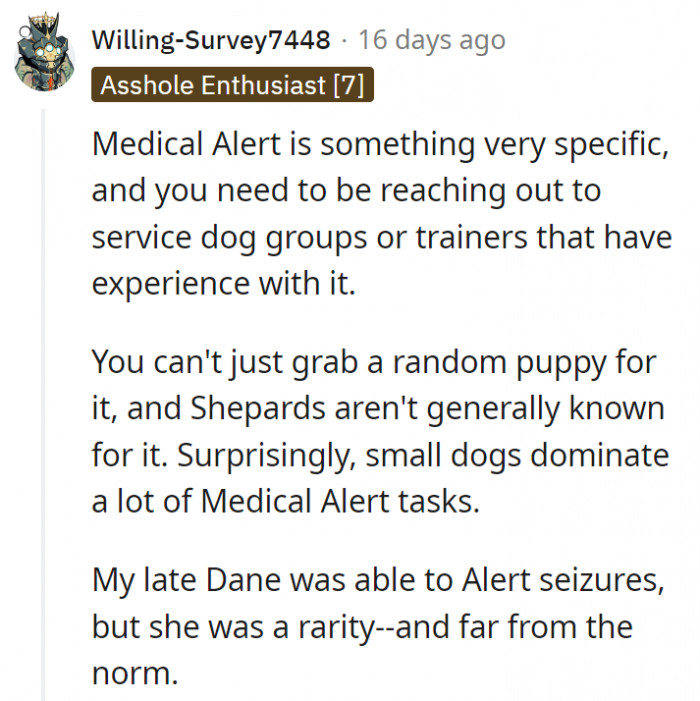 8. For OP's case, she needs a medical alert dog, and for that, smaller breeds are more known to be effective