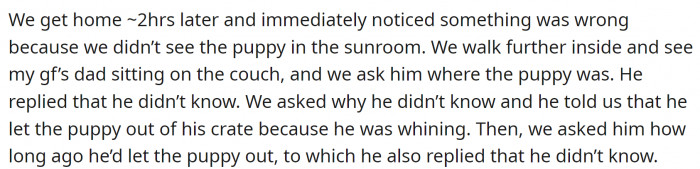 When OP got home, it was clear that something was wrong.