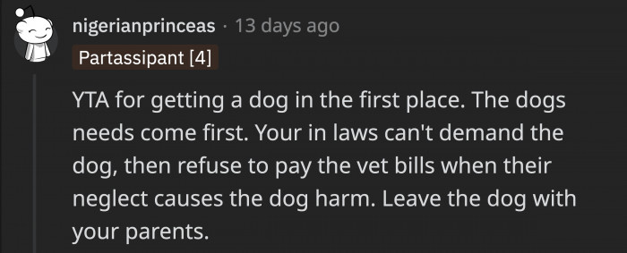 The dog is the priority; at this point, this Redditor thinks she is best left with those who can actually take care of her
