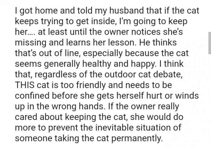 The cat needs to be confined before she gets hurt or hurts herself