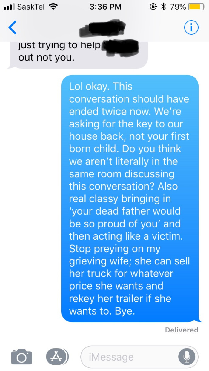 OP ended the conversation by making it clear to the neighbor that his wife can do whatever she wanted with the truck that was now hers. He also shamed her for bringing his wife's dead parents into the conversation.