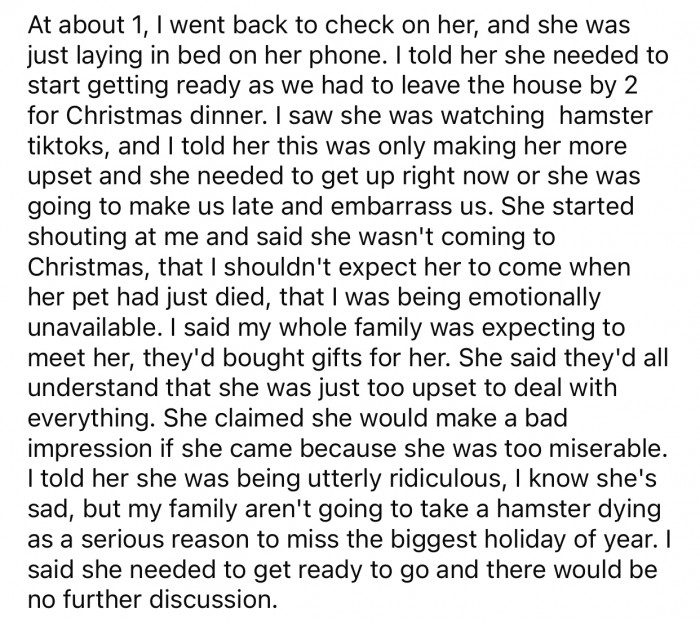 OP doesn't believe that grieving over a pet hamster is a good enough excuse to bail out on a Christmas dinner.