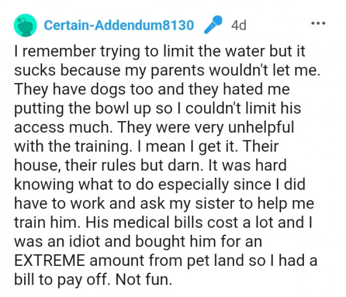 The OP added that her parents were very unhelpful with the dog's training