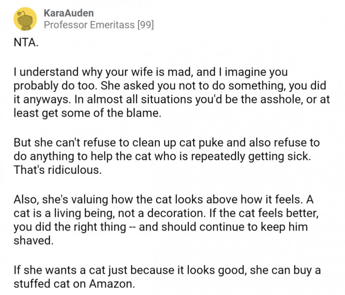 "If she wants a cat just because it looks good, she can buy a stuffed cat on Amazon"