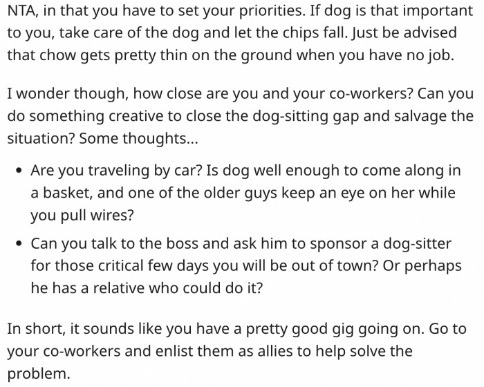 21. She could enlist her boss's or co-worker's help to watch the dog.