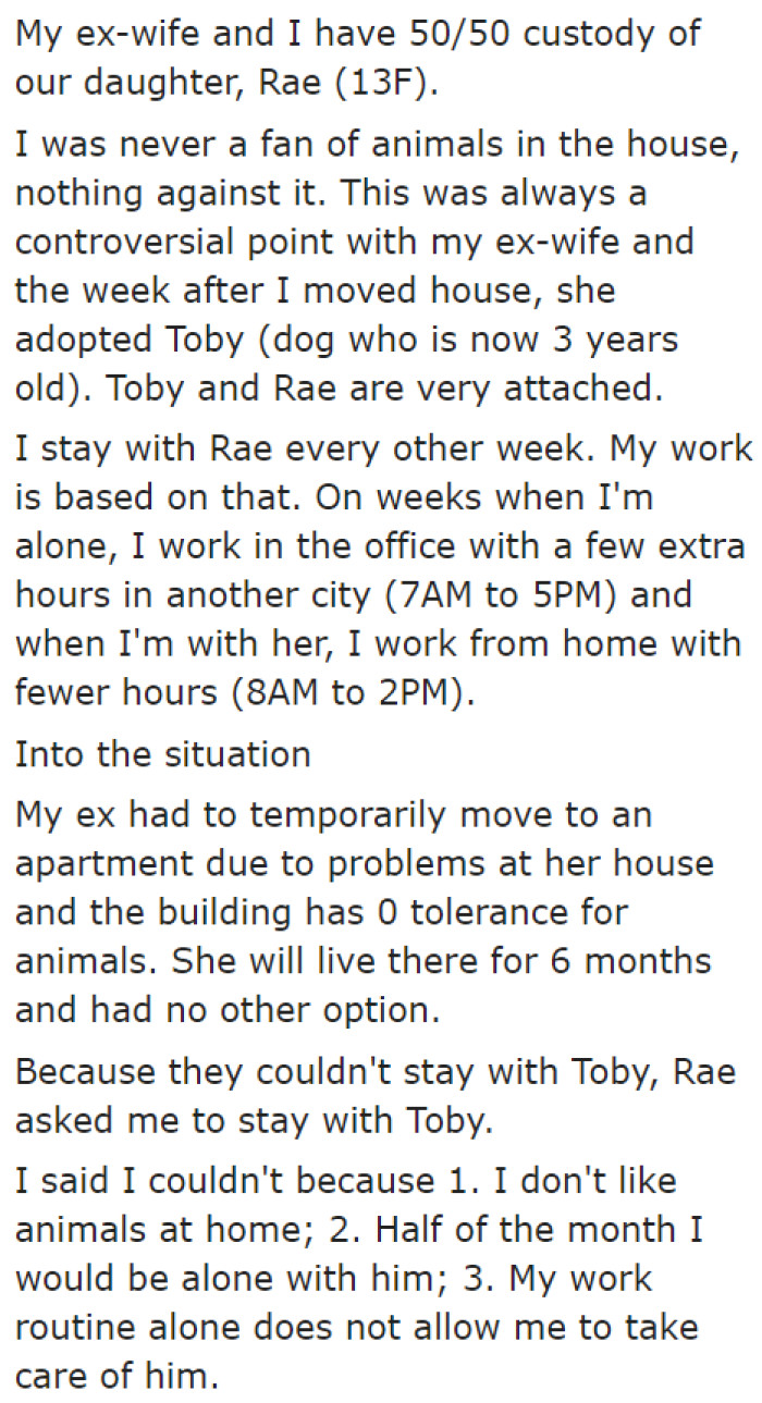 The OP isn't a fan of dogs, and since he has a lifestyle that won't allow him to care for a dog properly, he refused his daughter's request.