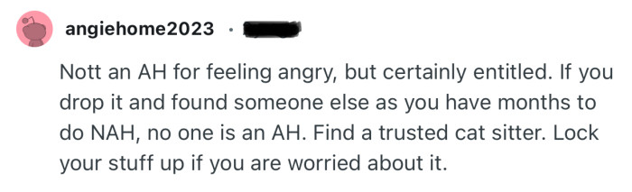 “Find a trusted cat sitter. Lock your stuff up if you are worried about it.”