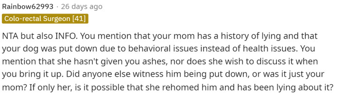 The first comment stated that OP was NTA and began asking a few more questions about the situation. OP's response is below this.