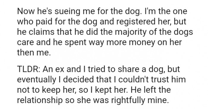 He claims he did the majority of the dog's care