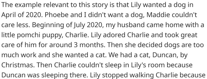 In July 2020, her husband came home with a little pomchi puppy named Charlie, to which Lily quickly grew attached and began caring for him. However, after a few months, Lily decided that dogs were too much work and wanted a cat instead.