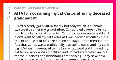 Teenager's Family Furious After She Didn't Name Her New Kitten “Carlos” After Her Recently Deceased Grandfather