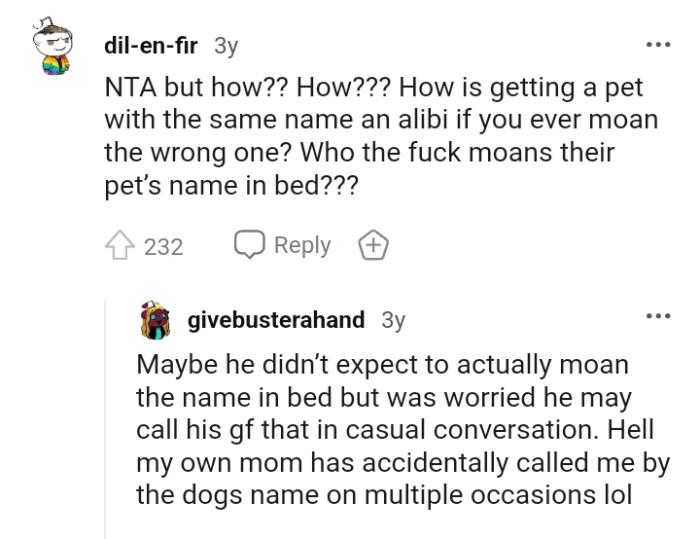 He didn't expect to moan the pet's name in bed