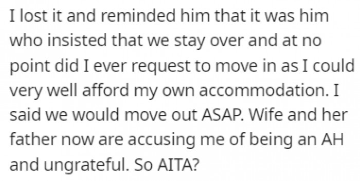 His wife sided with the FIL, and they are accusing OP of being ungrateful