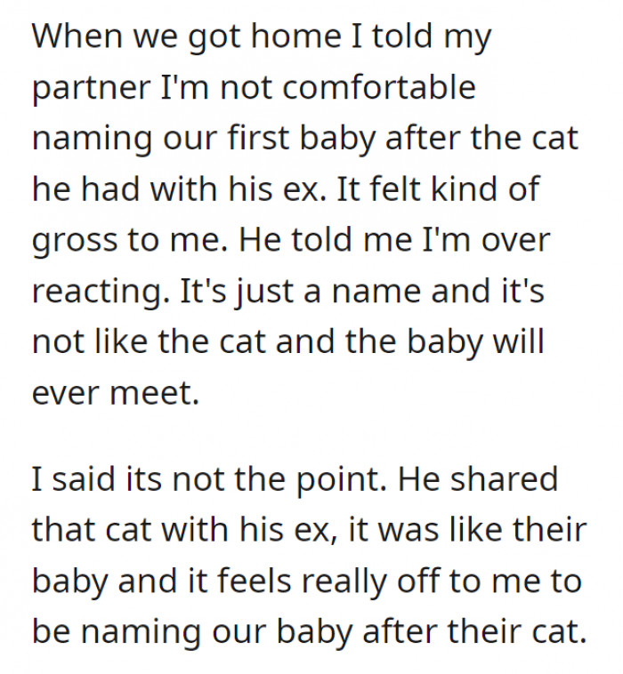 Naturally, she confronted her partner for even wanting to name their child after his ex's cat. You may have heard of people naming their child after their ex's name, but this one is equally questionable.