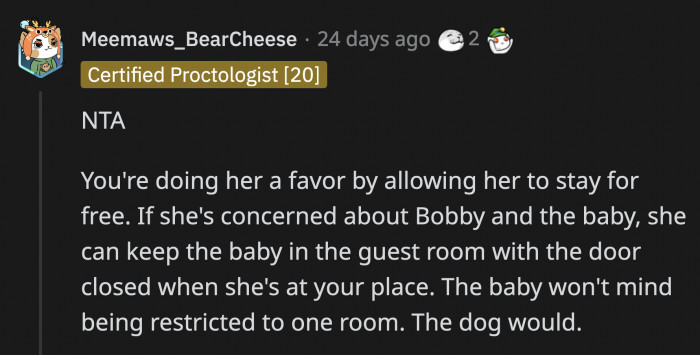 Here is a solution where everyone can get what they want, with no risk to the dog or the baby