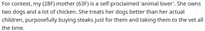 Her mother is a self-proclaimed 'animal lover' and owns two dogs and many chickens, but her cats were not given the same care.