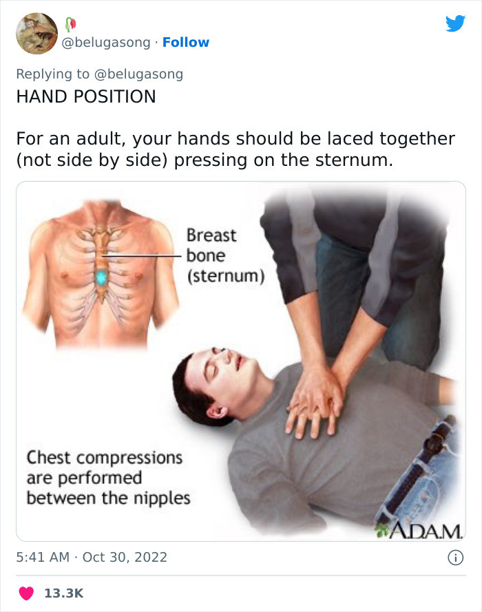 Hand position. Lace your hands together and press on the sternum.