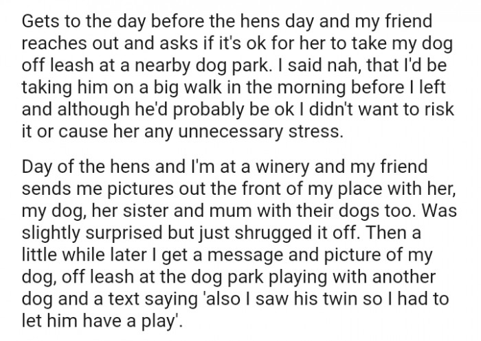 The friend asks if it's ok for her to take the dog off leash at a nearby dog park