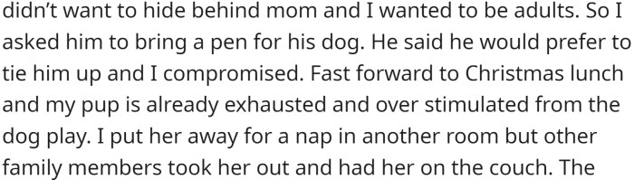 On Christmas Day, OP's brother wanted to bring his one-year-old bulldog to lunch, and OP asked him to get a pen for his dog. However, her brother preferred to tie his dog up, and they compromised.
