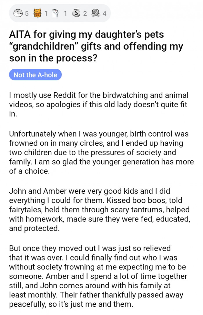 OP had two children, one with kids and the other had pets.