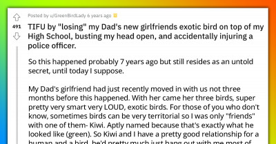 Redditor "Loses" His Dad's GF's Exotic Bird On Top Of A Building After Busting His Head Open And Injuring A Cop