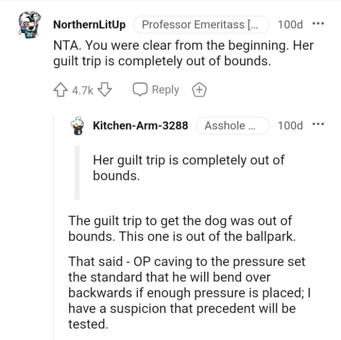 Her guilt-tripping you is way out of bounds