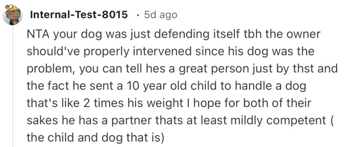 “NTA your dog was just defending itself tbh the owner should've properly intervened since his dog was the problem…”