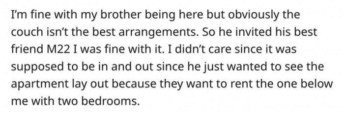 3. She Is Fine With the Arrangements Even Though the Couch Isn't the Best Option. Her Brother Wants to Rent the Apartment Below Her With a Roommate.