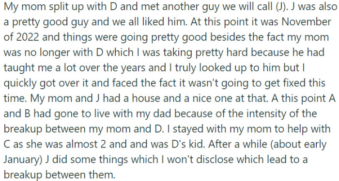 In November 2022, OP's mother has a second divorce and she met a new guy