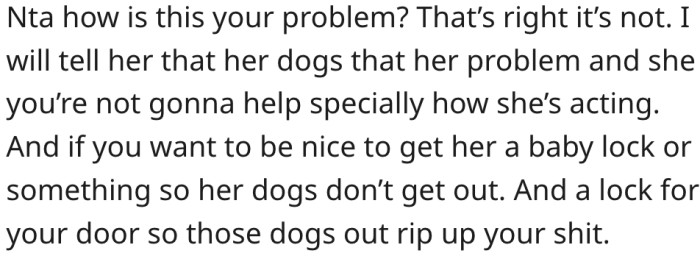 7. She could get her cousin a lock to stop the dogs from going out.