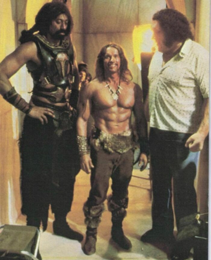 20. Arnold Schwarzenegger with Wilt Chamberlain and Andrè the Giant on the set of Conan the Destroyer, 1983