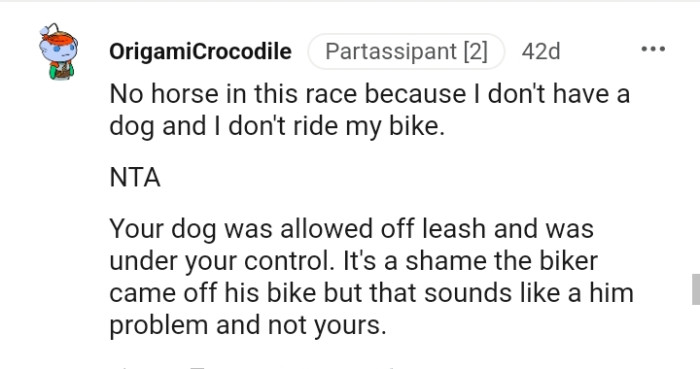 The dog was allowed off-leash and was under the OP's control