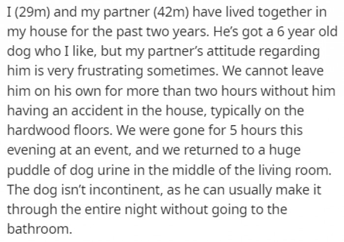 After living together for two years, OP was getting tired of the dog making a mess every time they left the house together