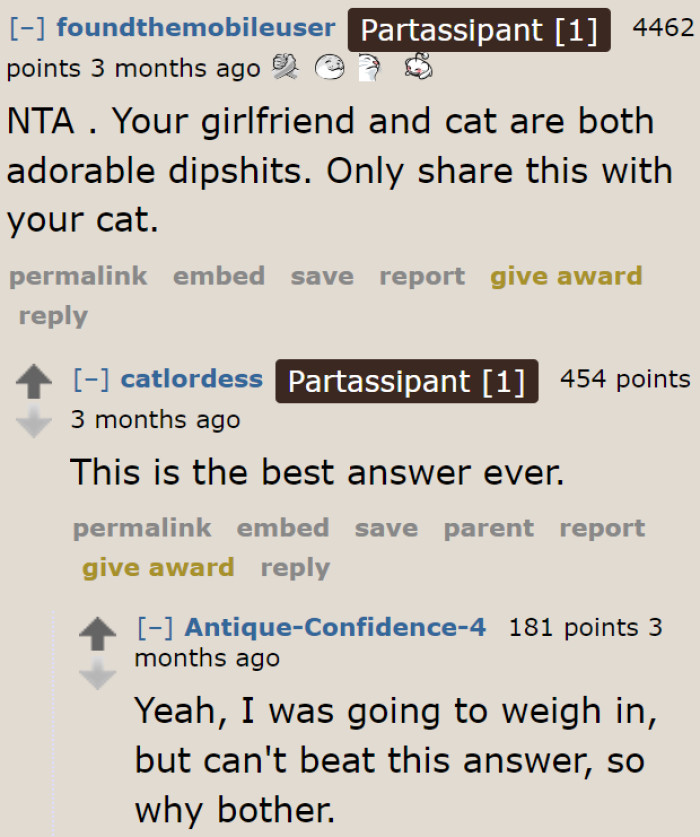 If the OP's girlfriend refuses to understand the real deal, then he just needs to call his cat 