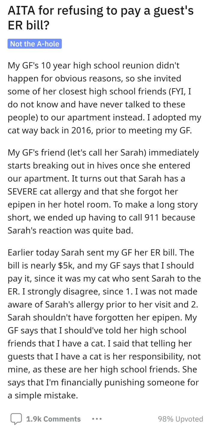 1. OP consulted the AITA community to see if he was wrong for not paying a guest's ER bill.