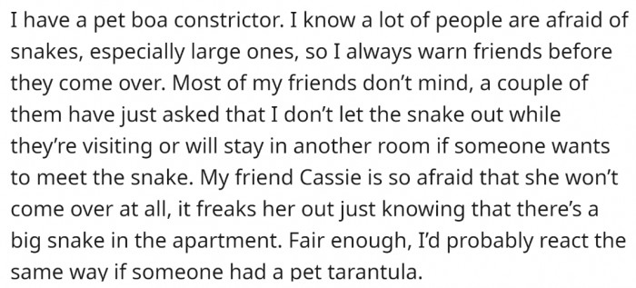 The post starts with the original poster explaining that she has a pet snake and a friend who hates them.