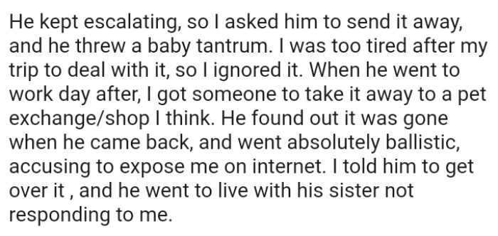 When the OP's boyfriend went to work the next day, she got someone to take the cat away to a pet exchange/shop