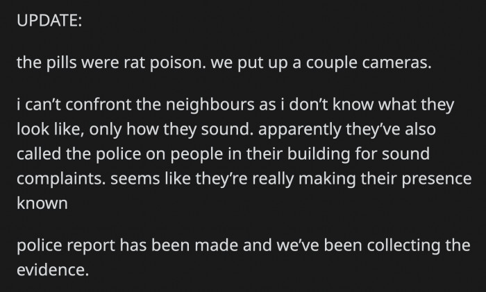 The worst has been confirmed, the blue pills in the treat were rat poison and OP has filed a formal report to the police with the evidence they have so far