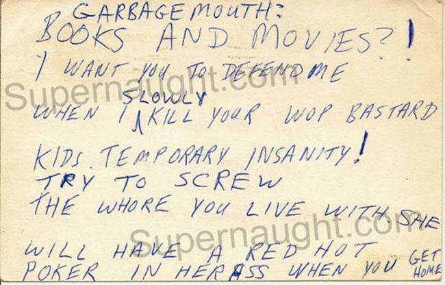 1. This postcard from 1980 was sent by Gacy to his attorney, containing threats due to perceived incompetence.