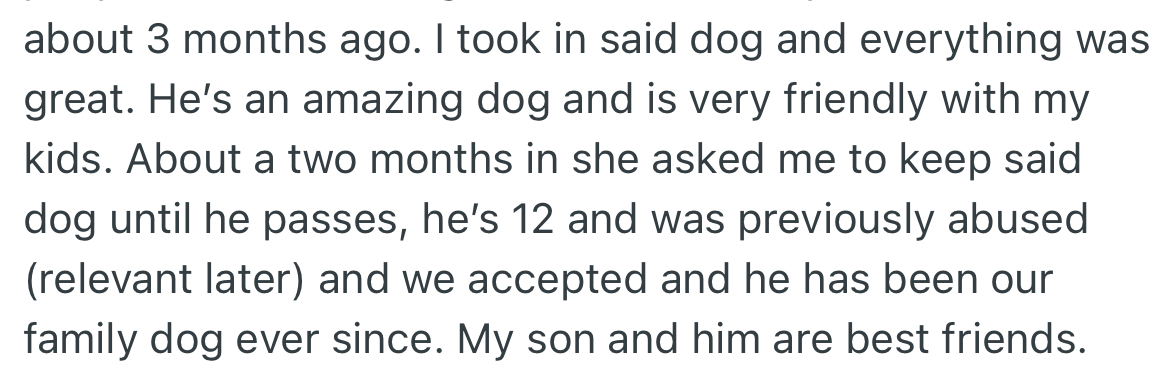 OP took in Buster who became friendly with her kids. A few months in, Rachel tells OP to keep Buster till he passes as away.