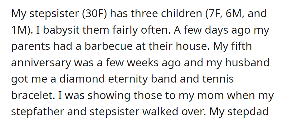 Babysitting stepsister's kids, she shared fifth-anniversary diamonds at a family barbecue with mom, stepfather, and stepsister.