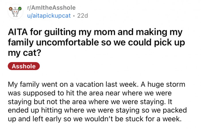 The Reddit user posted about a situation she experienced when her family was on vacation and a severe storm hit the area they were staying in.
